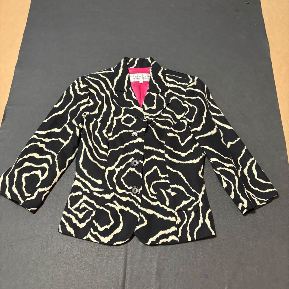 Trina Turk Blazer Women 6 Black White Swirl Cotton Silk 246240
